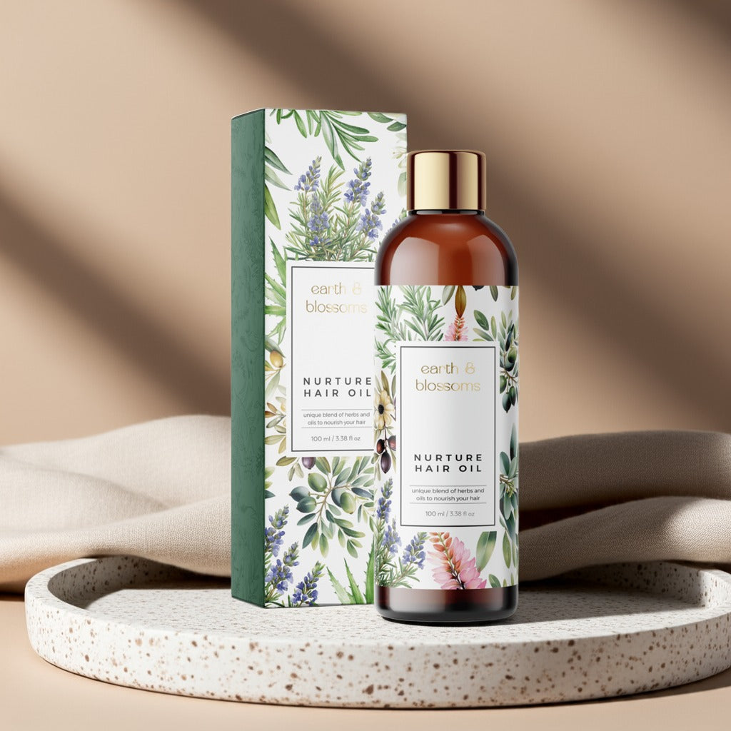 Nurture hair oil and outer box on a tray in warm lighting with cotton cloth near by