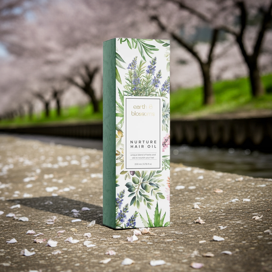 Nurture hair oil box in focus with behind cherry blossom trees