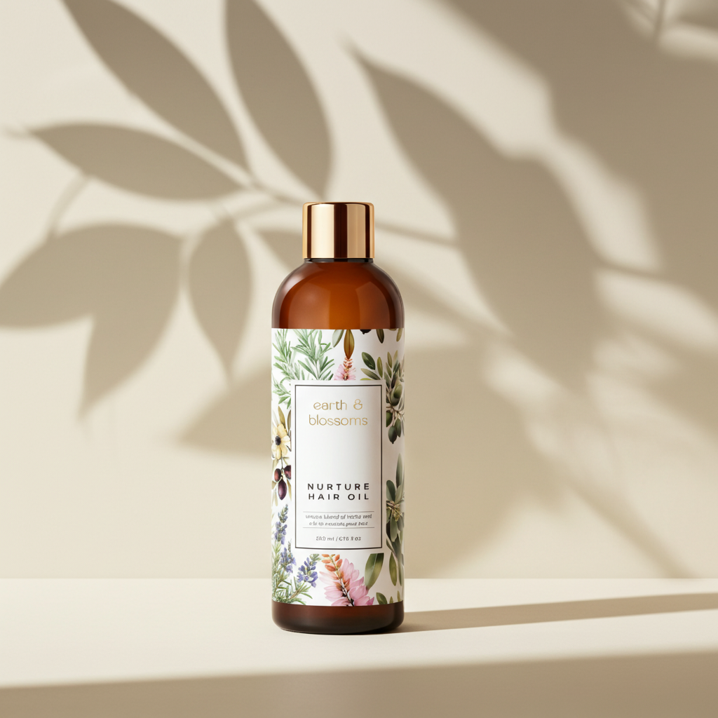 Bottle of 'Nurture Hair Oil' with botanical label on a beige background