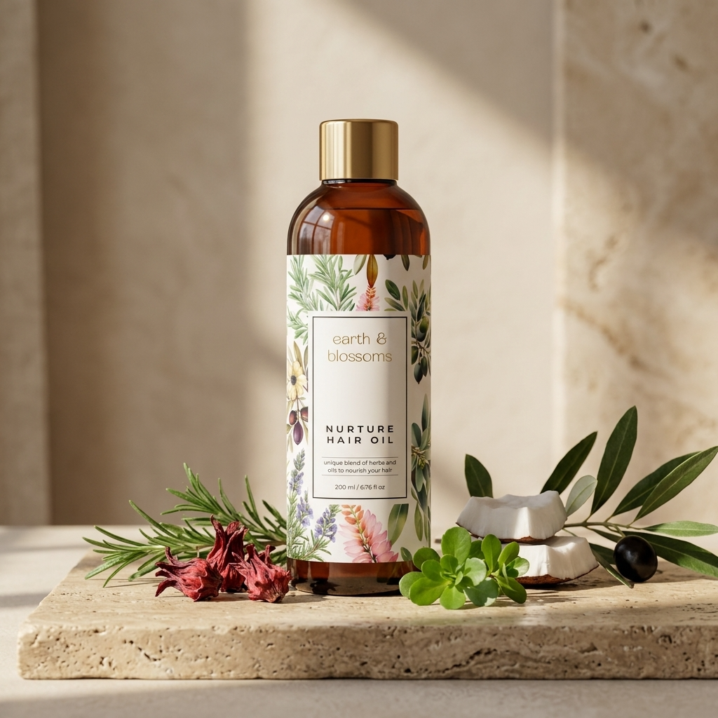 A bottle of earth & blossoms Nurture Hair Oil stands on a stone slab with botanical props including rosemary, a red flower, green leaves, and a small metallic container against a softly lit beige stone background.