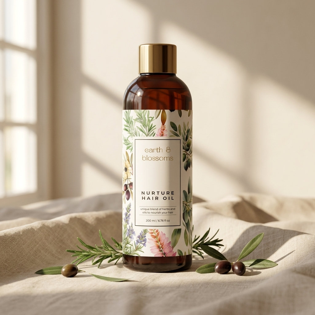 An amber glass bottle of earth & blossoms Nurture Hair Oil with a gold cap and a botanical label, styled on a beige linen surface with olive branches and olives under warm window light.