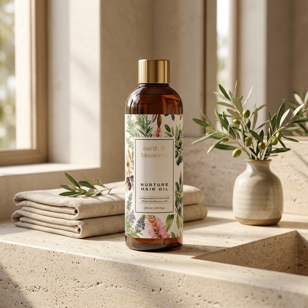 A bottle of Earth & Blossom Nurture Hair Oil stands on a stone ledge in a bright bathroom setting, flanked by folded beige towels, a small vase with olive branches, and soft natural light from a window.
