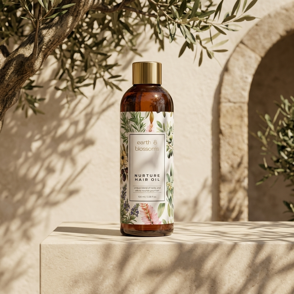 A bottle of Earth & Blossom Nurture Hair Oil stands on a stone pedestal outdoors, with olive tree branches and shadows cast over the scene. The bottle is amber brown with a gold cap and a botanical label.