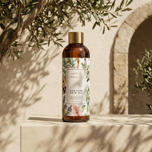 A bottle of Earth & Blossom Nurture Hair Oil stands on a stone pedestal outdoors, with olive tree branches and shadows cast over the scene. The bottle is amber brown with a gold cap and a botanical label.