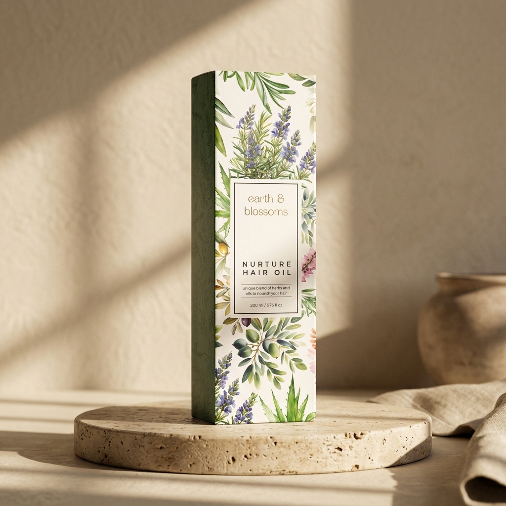 A tall rectangular box of earth & blossom Nurture Hair Oil stands upright on a round stone pedestal. The box has a botanical floral print with green leaves and purple flowers on a cream background, with a white central label.