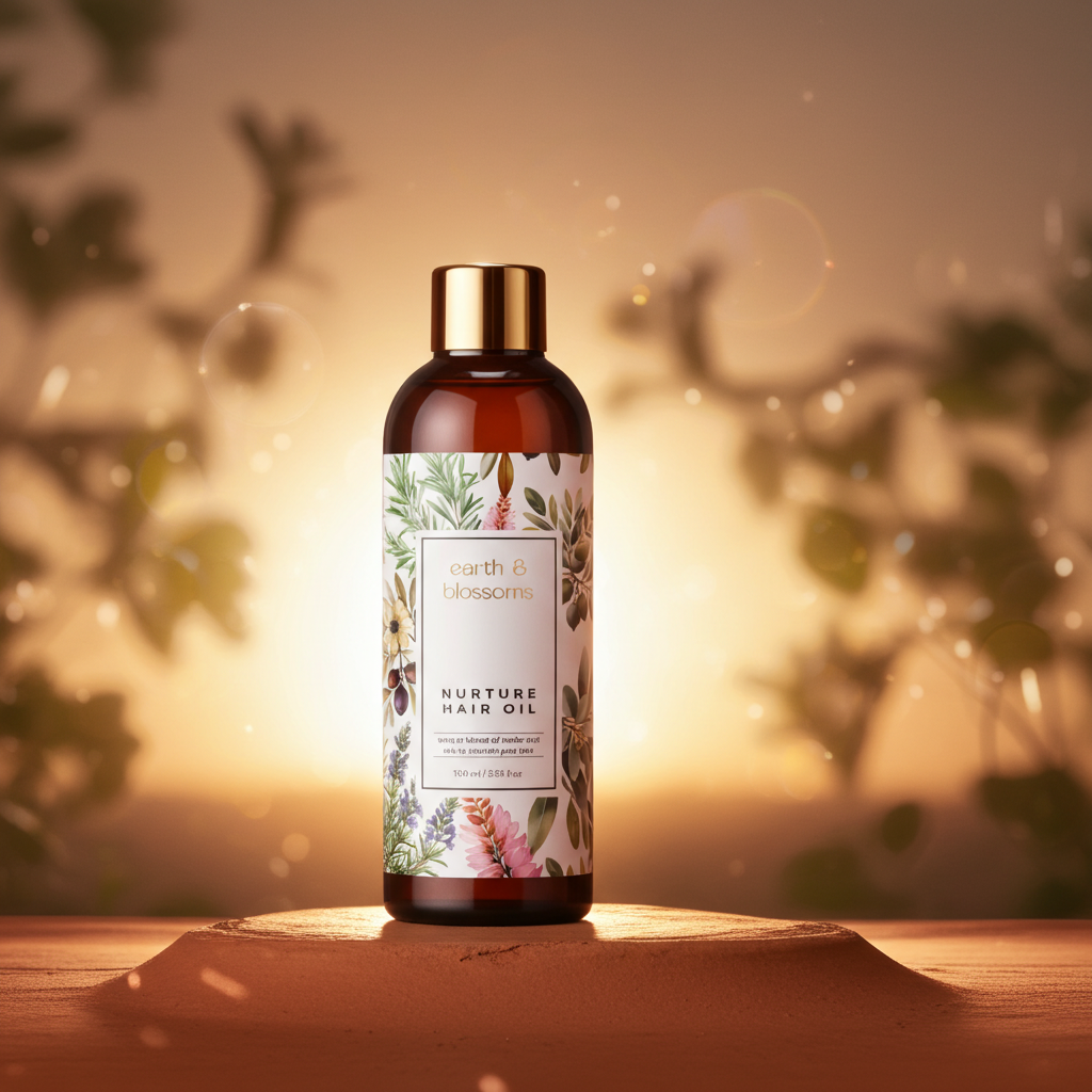 Bottle of 'Earth & Blossom' hair oil on a wooden surface with a blurred natural background