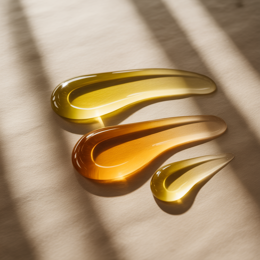 Three swatches of gold-colored cream on a beige surface with shadows.