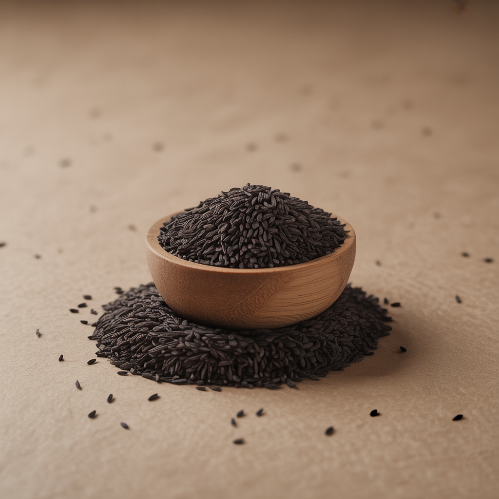 Wooden bowl filled with black seeds on a brown background
