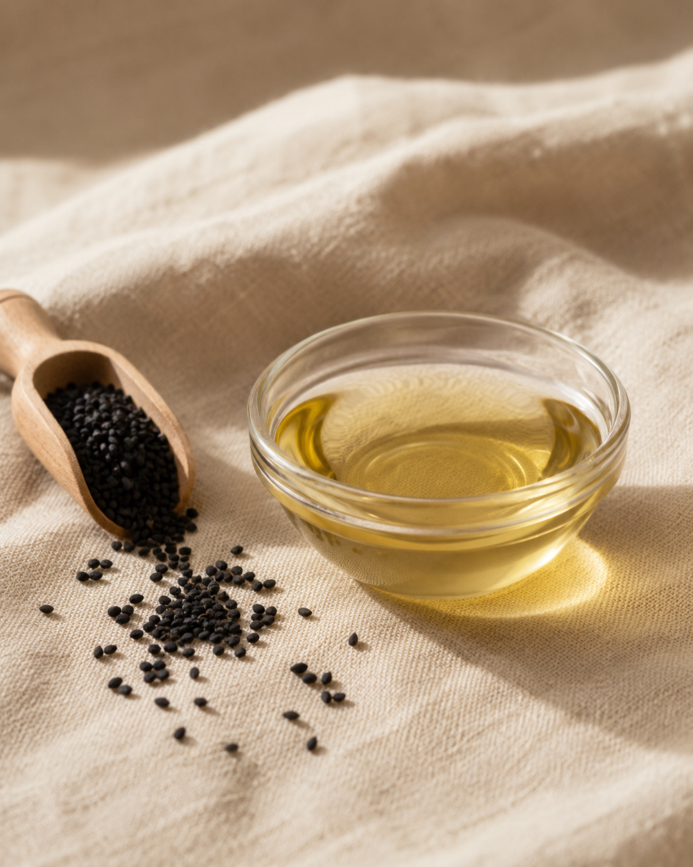 A small clear glass bowl filled with golden oil sits on a beige fabric surface beside a wooden spoon holding black seeds, with a few loose seeds scattered nearby.