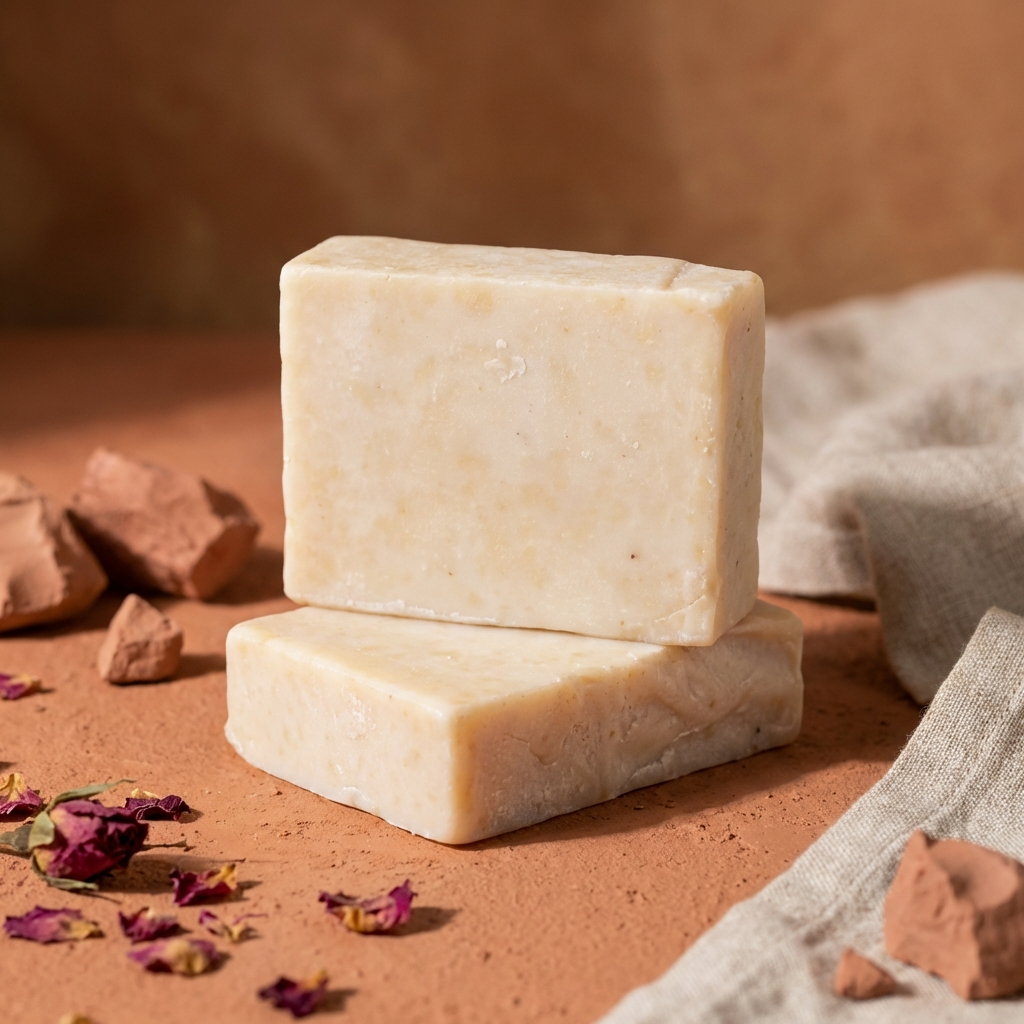 Two bars of soap stacked on a brown surface with rocks and dried flowers.