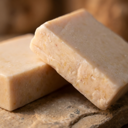 Two bars of beige soap on a stone surface with a blurred background