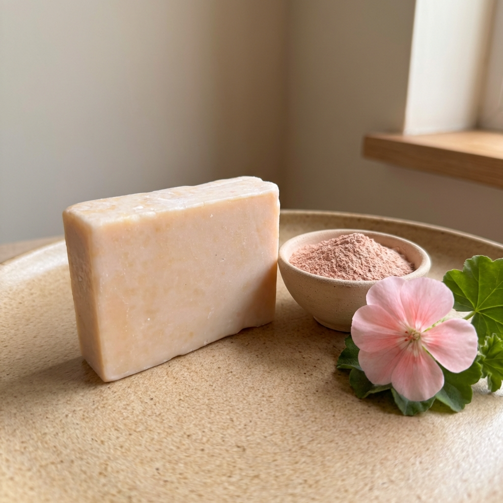 Bar of soap, small bowl with pink powder, and pink flower on a beige surface.
