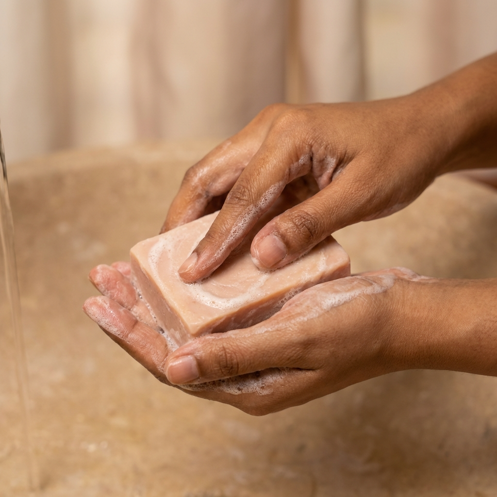 Hands holding a bar of soap with a blurred background