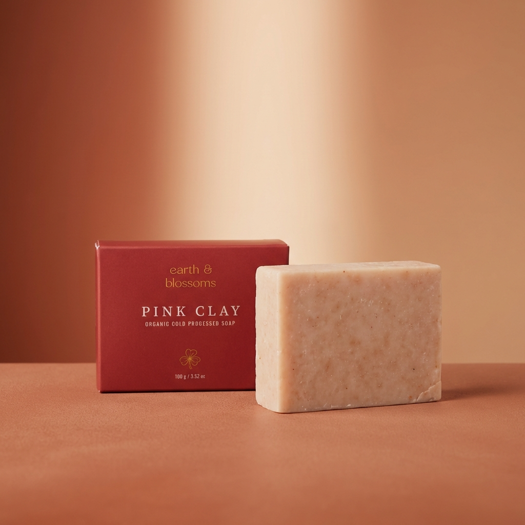 Bar of pink clay soap next to its packaging on a brown background