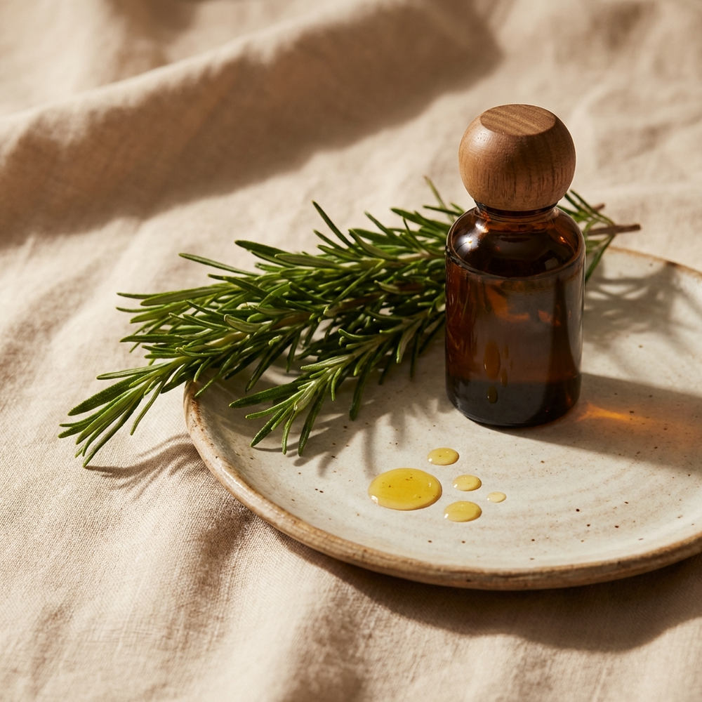 Brown glass bottle with wooden cap on a ceramic plate with rosemary sprigs and droplets on a beige fabric background