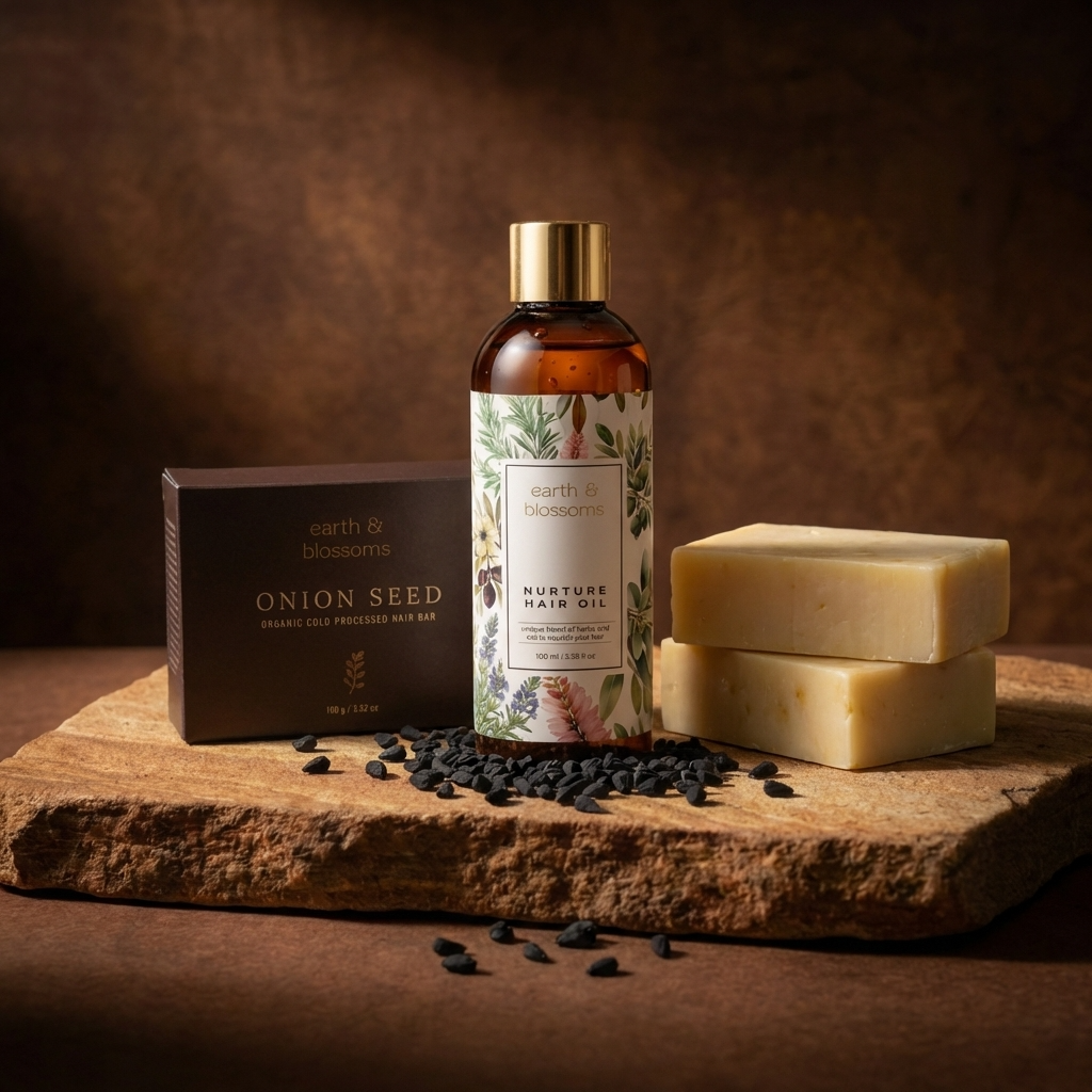 Bottle of 'Onion Seed' hair oil with soap and seeds on a wooden surface