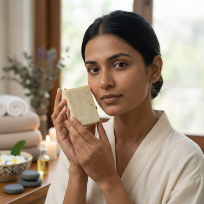 Woman holding a bar of soap in a serene setting with candles and plants.