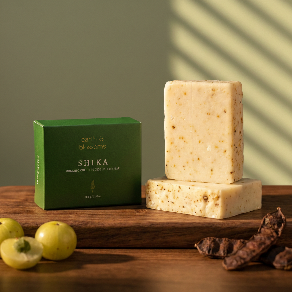 Two bars of soap and a green box labeled 'Shika' on a wooden surface with apples and leaves.