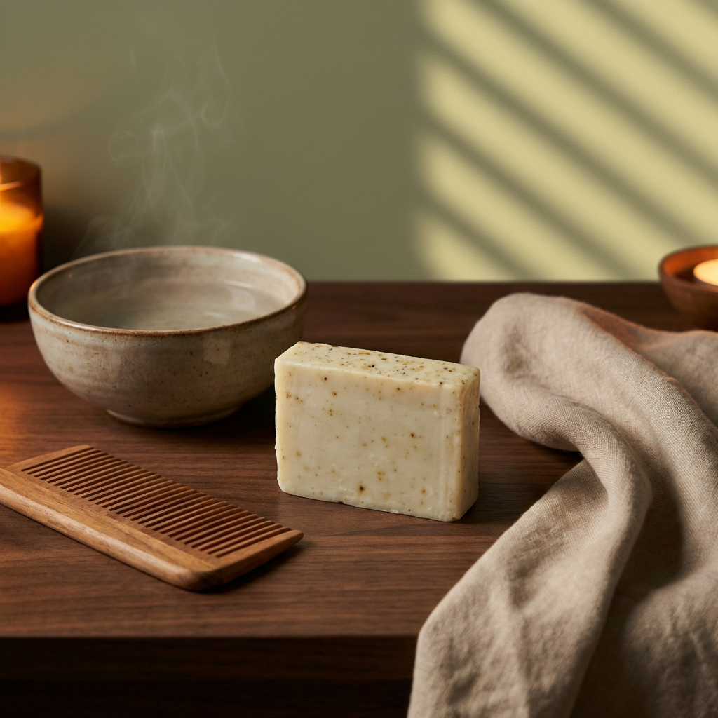 Bar of soap on a wooden surface with a bowl, towel, and comb in the background.
