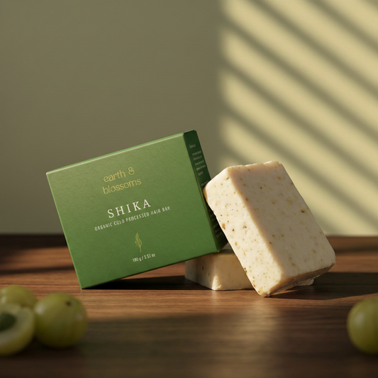 Shika organic soap bar with green packaging on a wooden surface