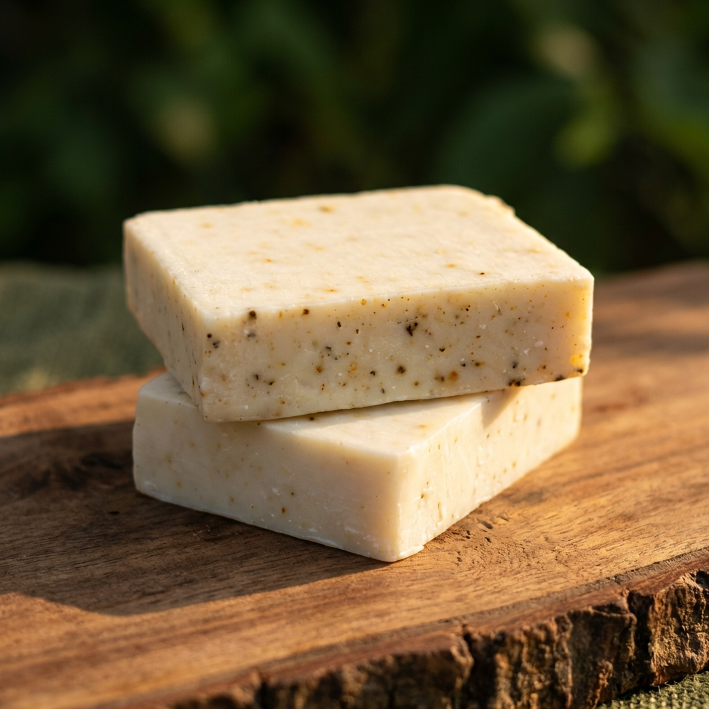 Two bars of soap stacked on a wooden surface with a natural background