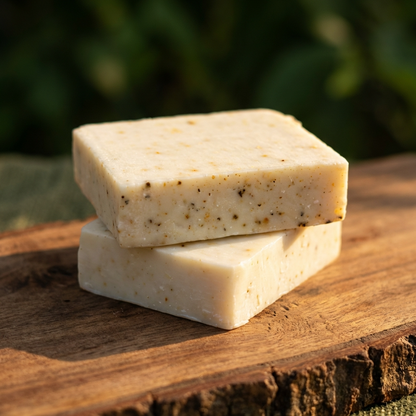 Two bars of soap stacked on a wooden surface with a natural background