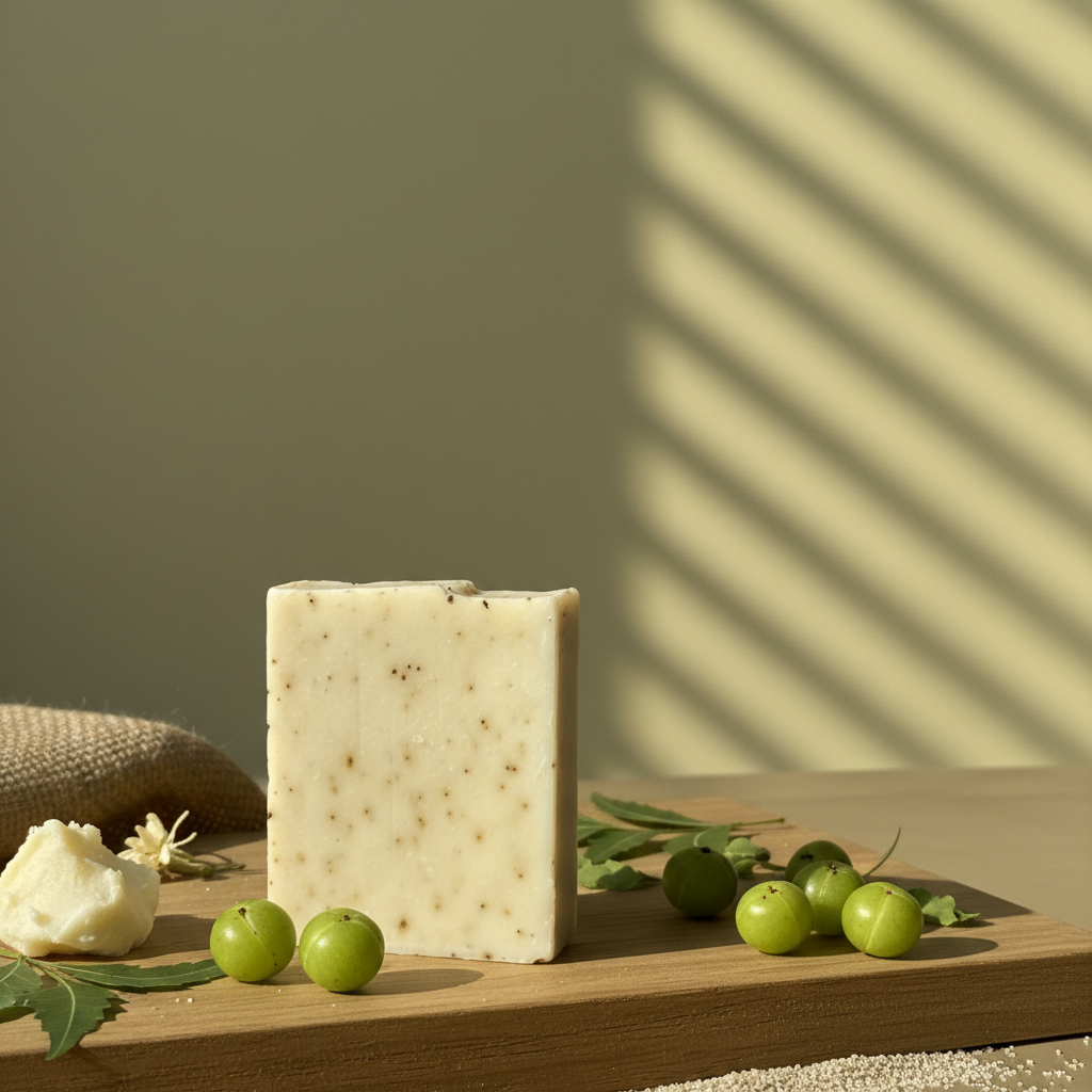 Block of cheese on a wooden board with green fruits and leaves against a neutral background