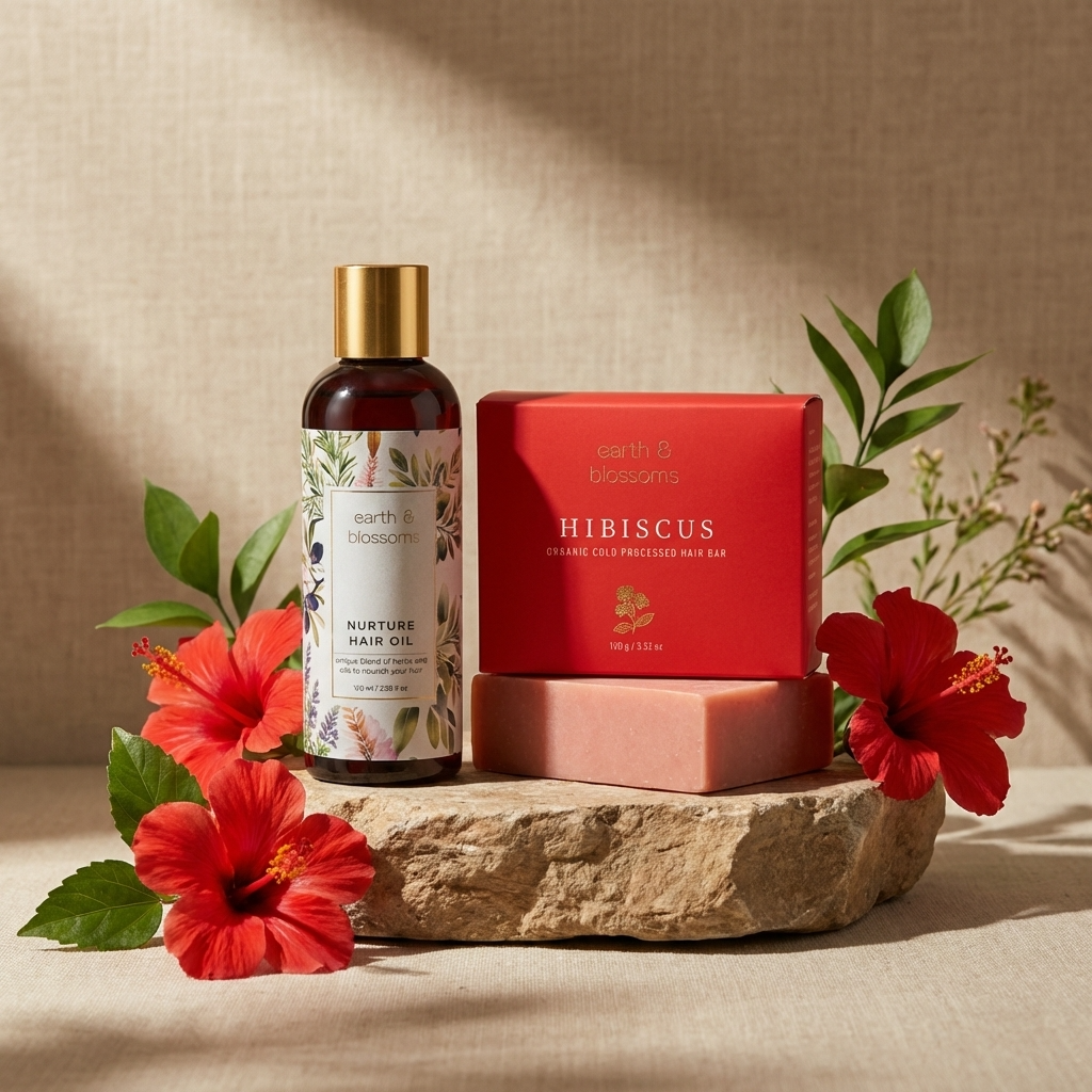 Hibiscus-themed hair care products with flowers on a stone surface