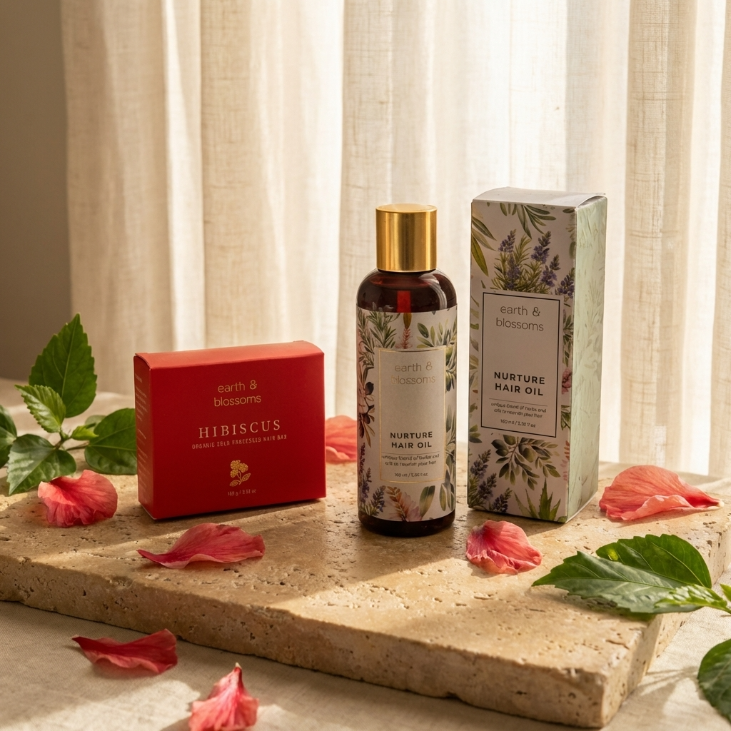 Nurture hair oil bottle with packaging on a stone surface with flowers and leaves.