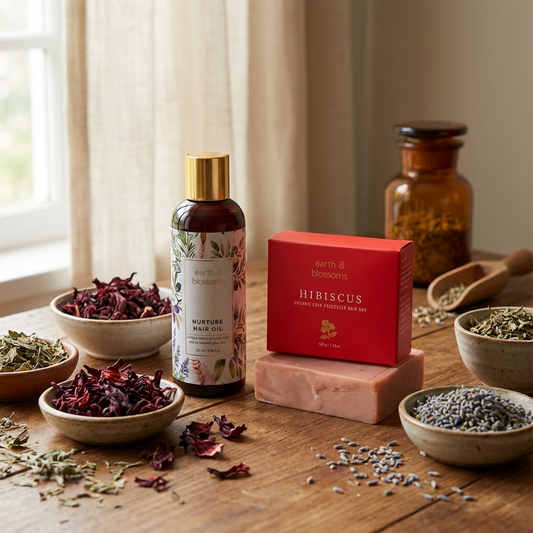 Herbal products including a bottle of hair oil, soap, and dried herbs on a wooden surface.