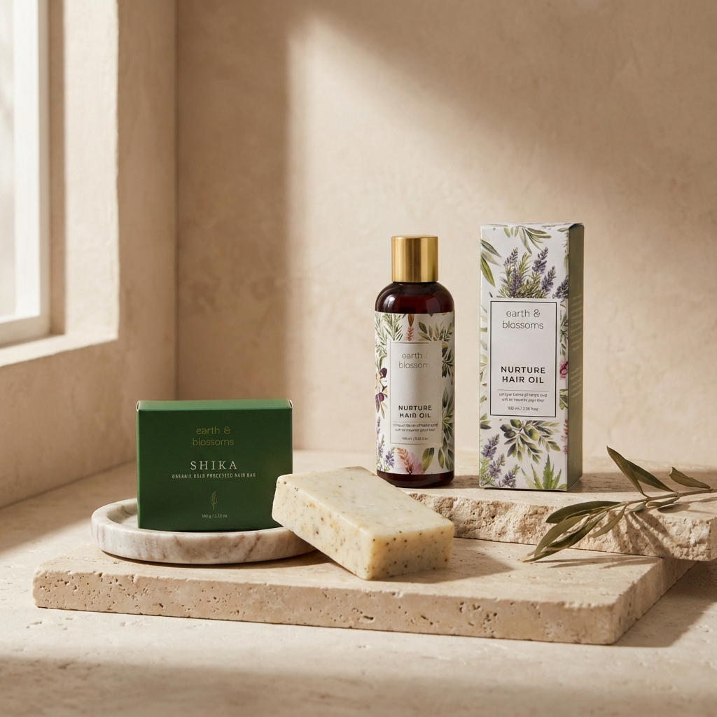 Cosmetic products including a bottle, box, and soap on a stone surface with a neutral background