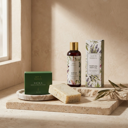 Cosmetic products including a bottle, box, and soap on a stone surface with a neutral background