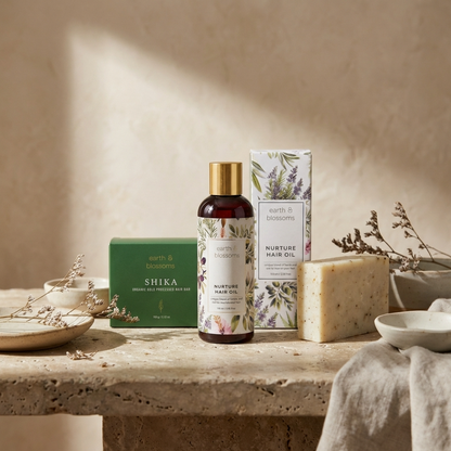 Shika Nurture hair oil with packaging on a stone surface with natural elements.