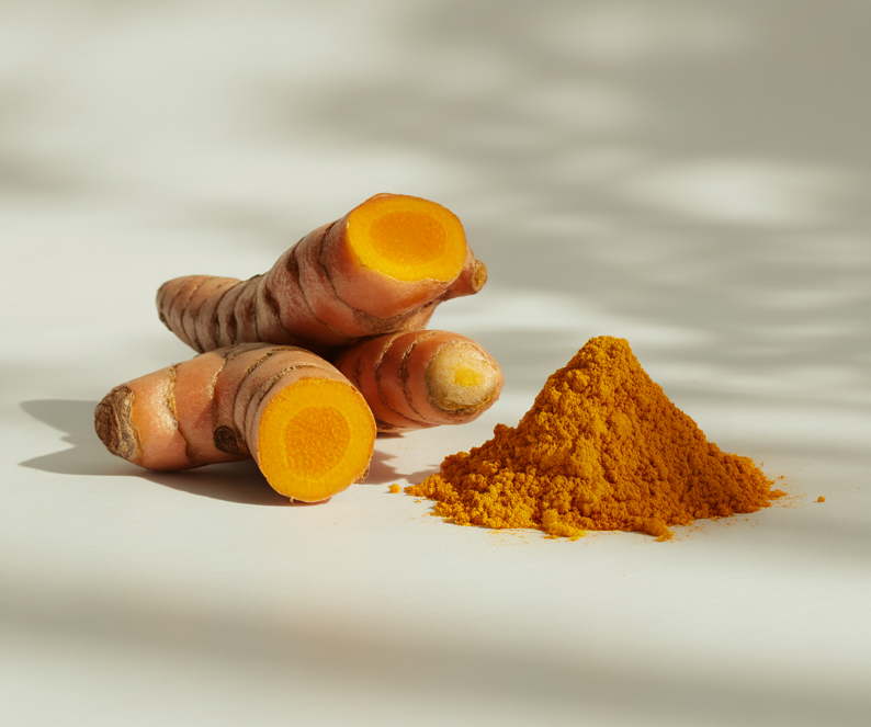 Turmeric roots and powder on a light background