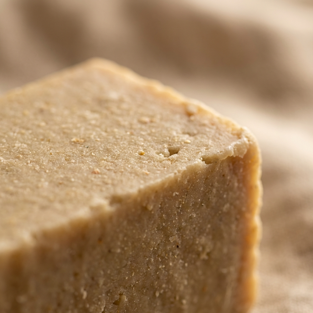 Close-up of a block of beige-colored soap with a blurred background