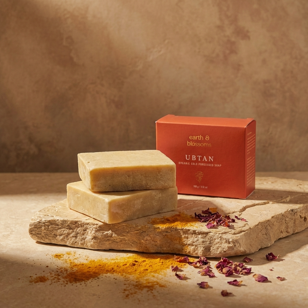 Two bars of soap on a stone surface with an 'earth 8' box in the background.