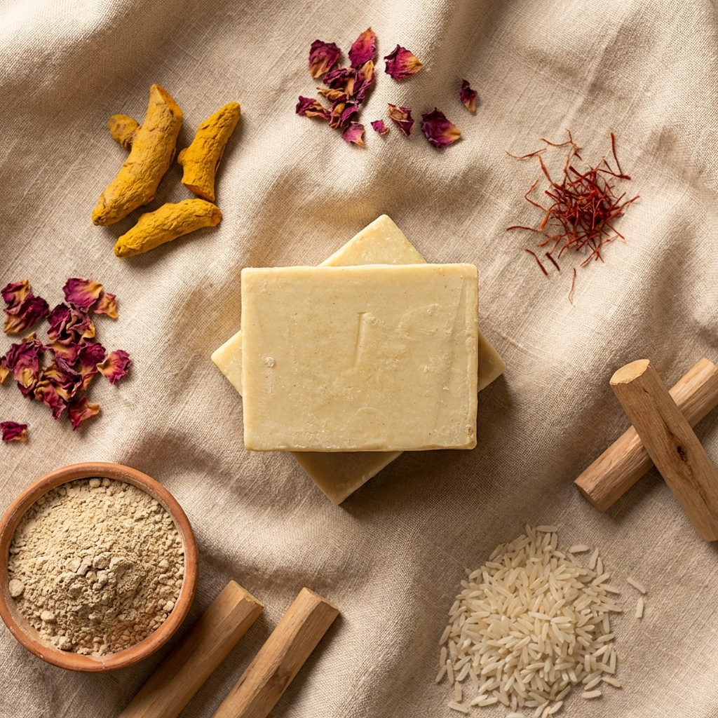 Three bars of soap on a textured surface with turmeric, dried flowers, and other ingredients.