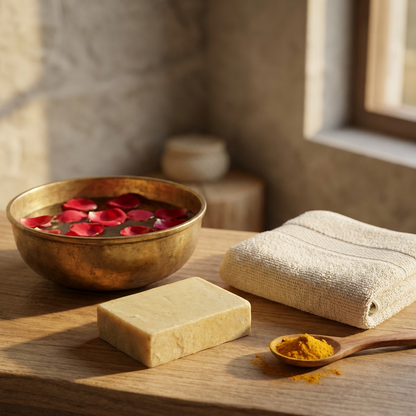 Bowl with rose petals, soap bar, towel, and spoon with turmeric on a wooden surface.