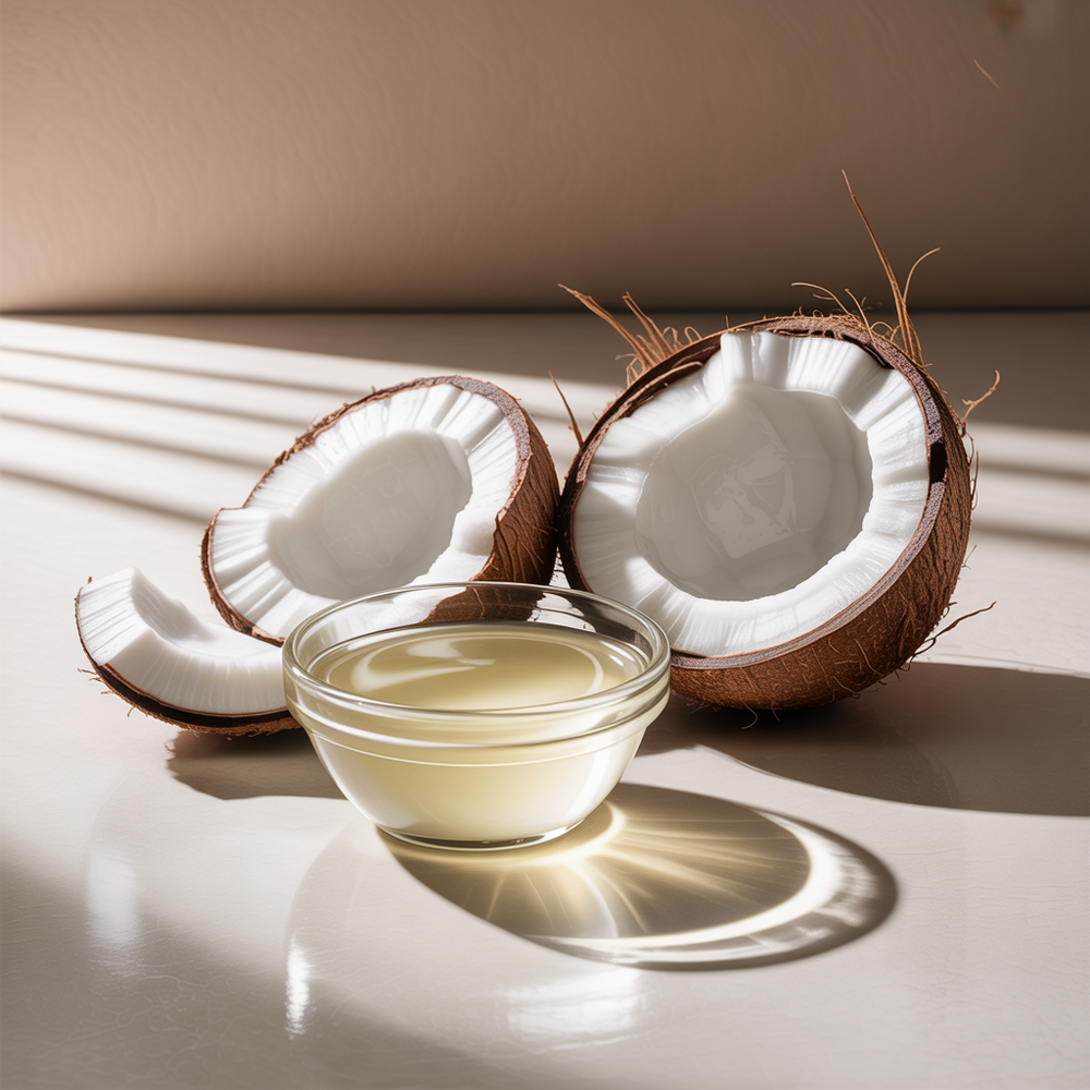 Coconut oil in a glass bowl with coconut halves on a neutral background