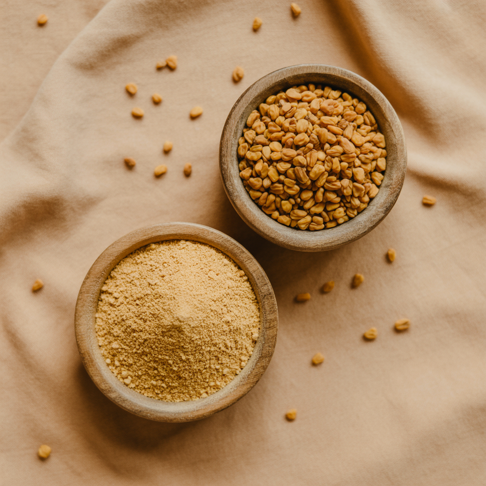 Two wooden bowls containing ground and whole fennel seeds on a beige fabric background.
