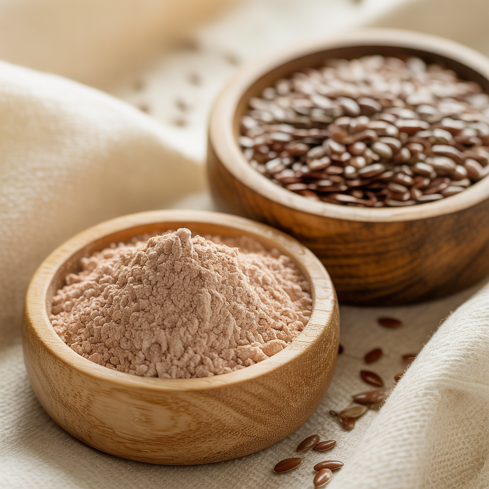 Two wooden bowls with flaxseed powder and whole flaxseeds on a beige fabric background.