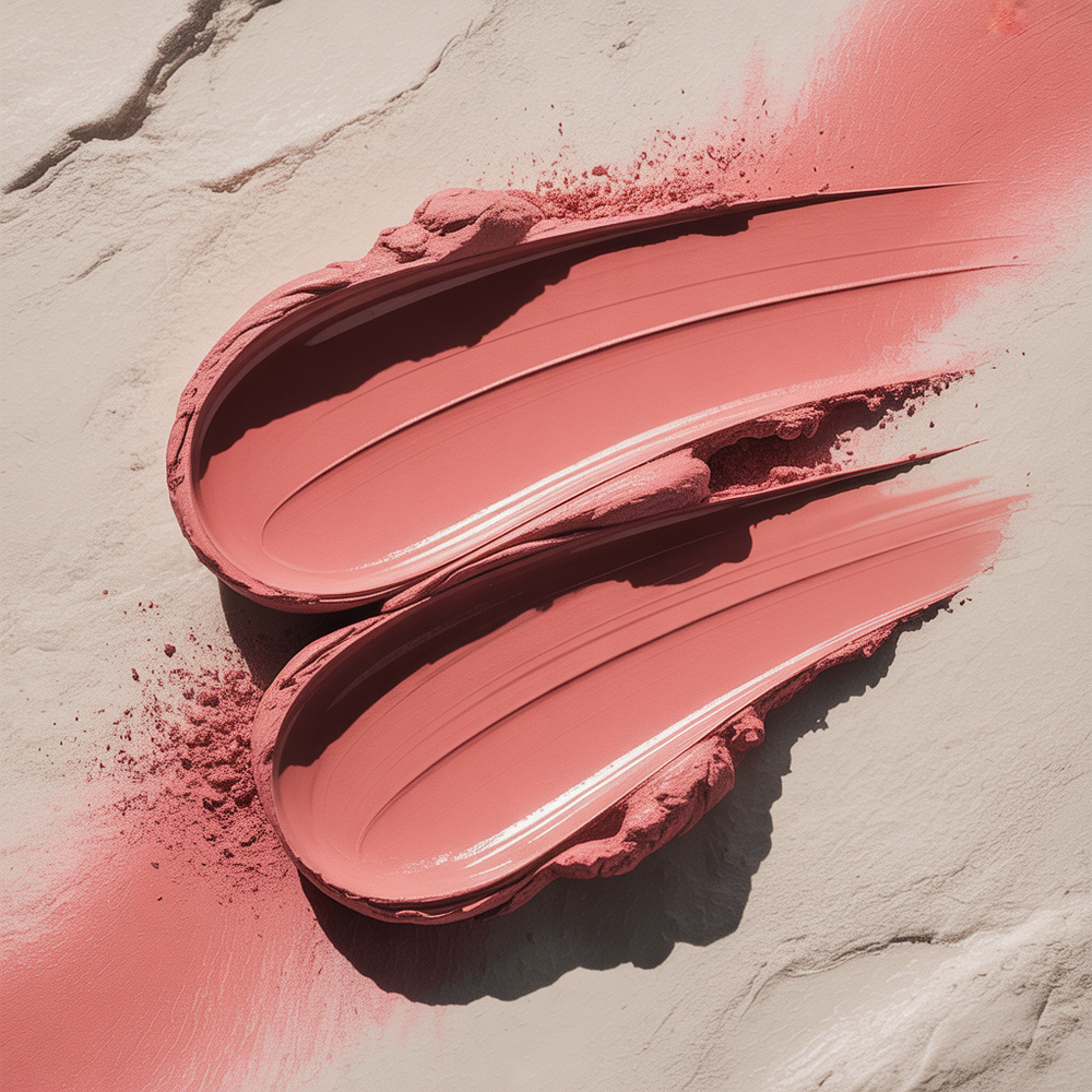 Two swatches of pink makeup cream on a textured beige surface