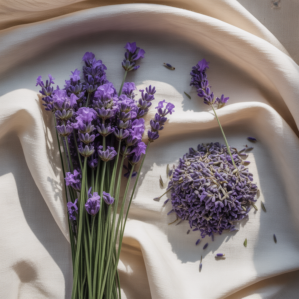 Bouquet of lavender flowers on a beige fabric background