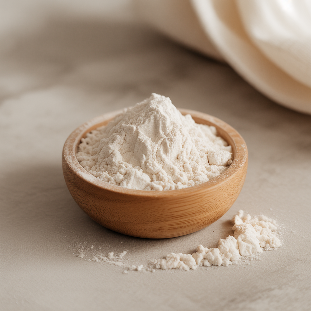 Wooden bowl filled with white powder on a light background