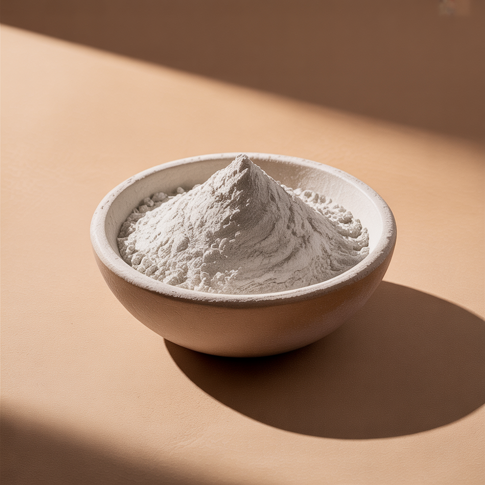 White powder in a small white bowl on a beige background