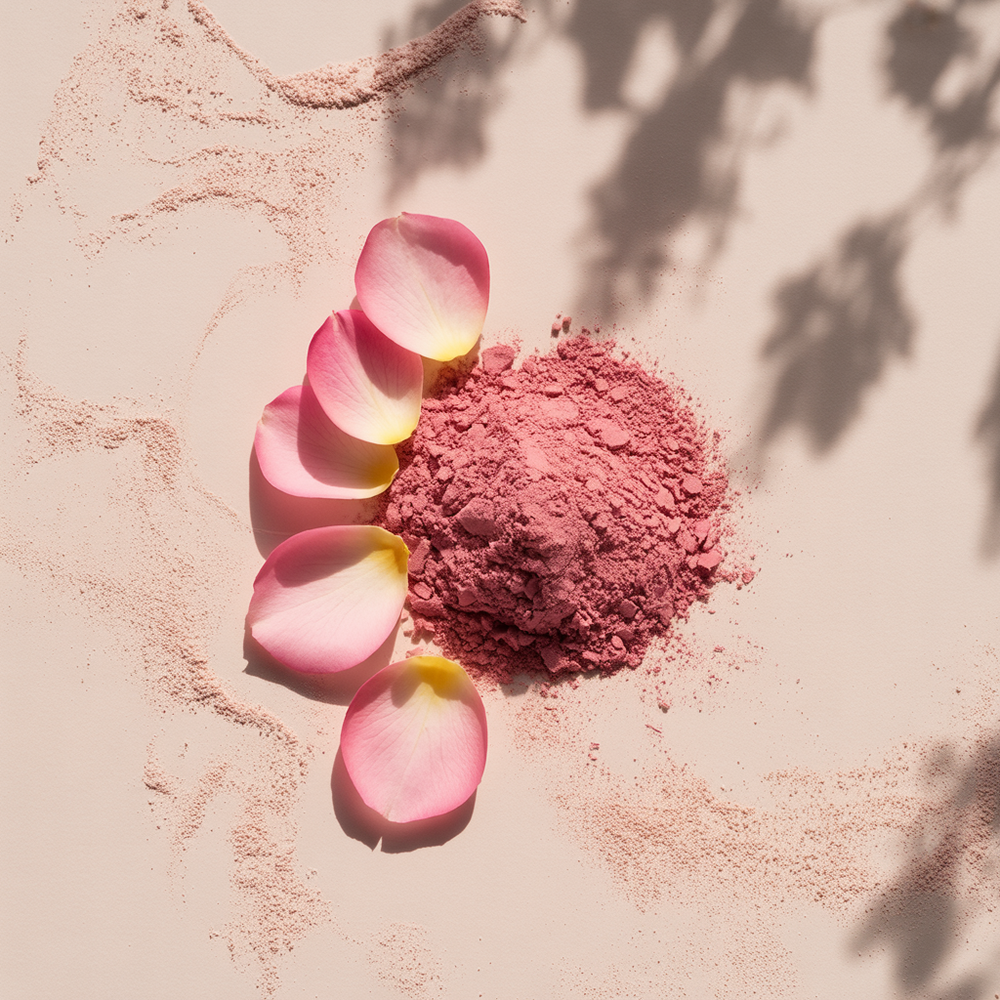 rose petal powder with scattered rose petals on a light pink background