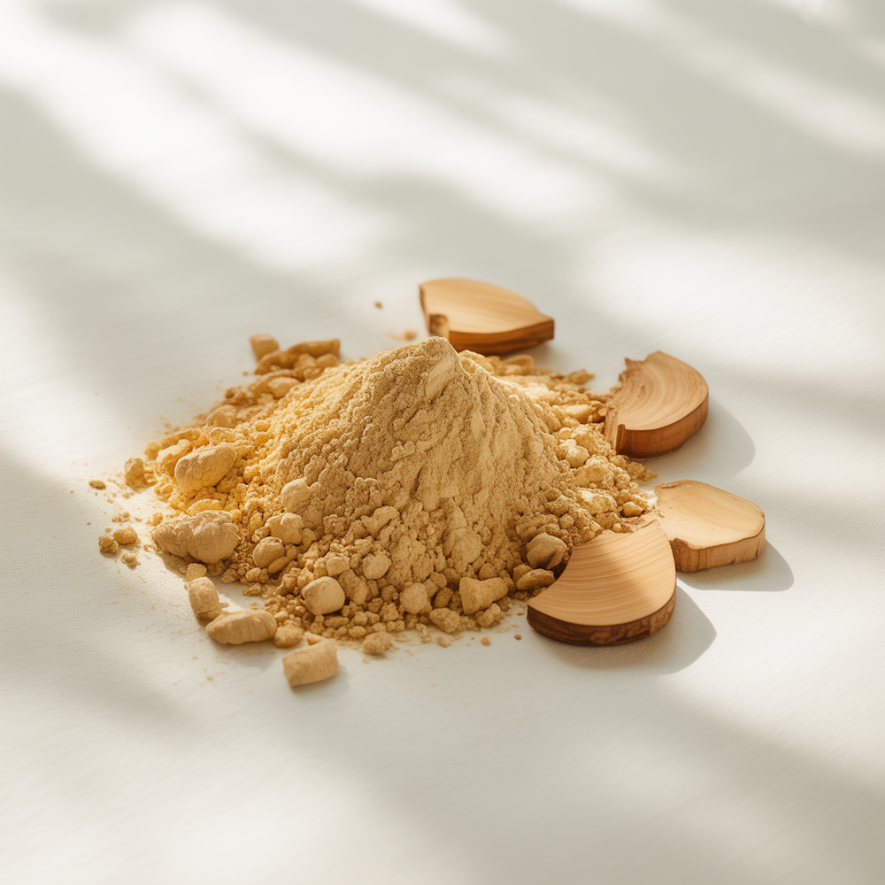 Heap of sandalwood powder with wooden scoops on a light background