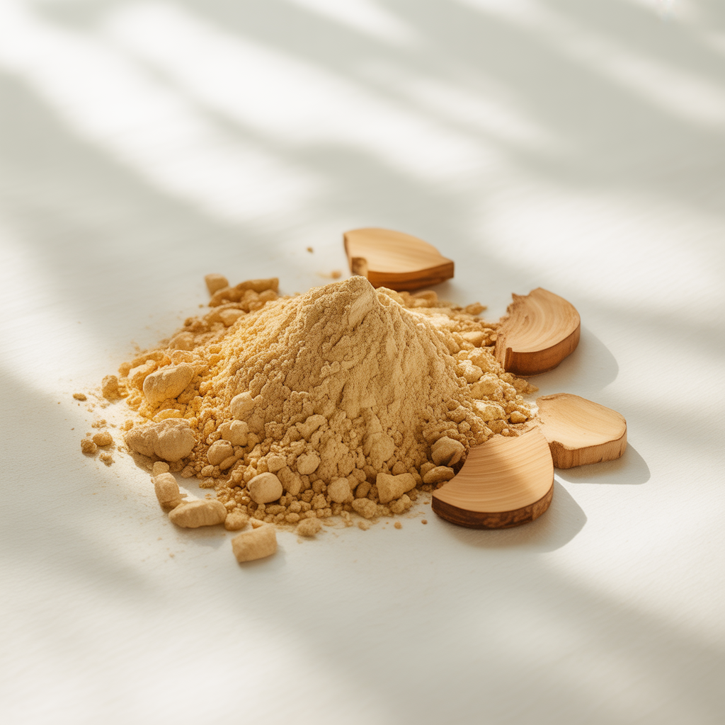 Heap of sandalwood powder with wooden scoops on a light background