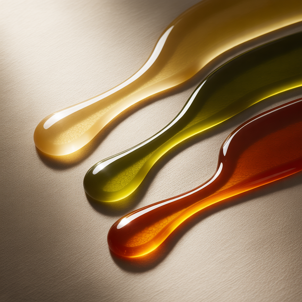 Three droplets of different colored liquids on a beige surface